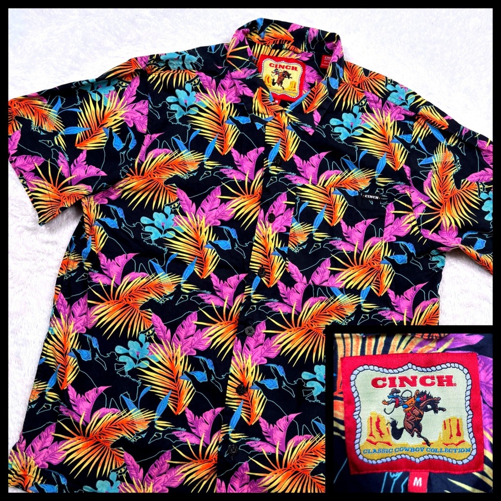 Cinch Classic Cowboy Hawaiian Shirt Men M Black Pink Tropical Western Camp Loud
